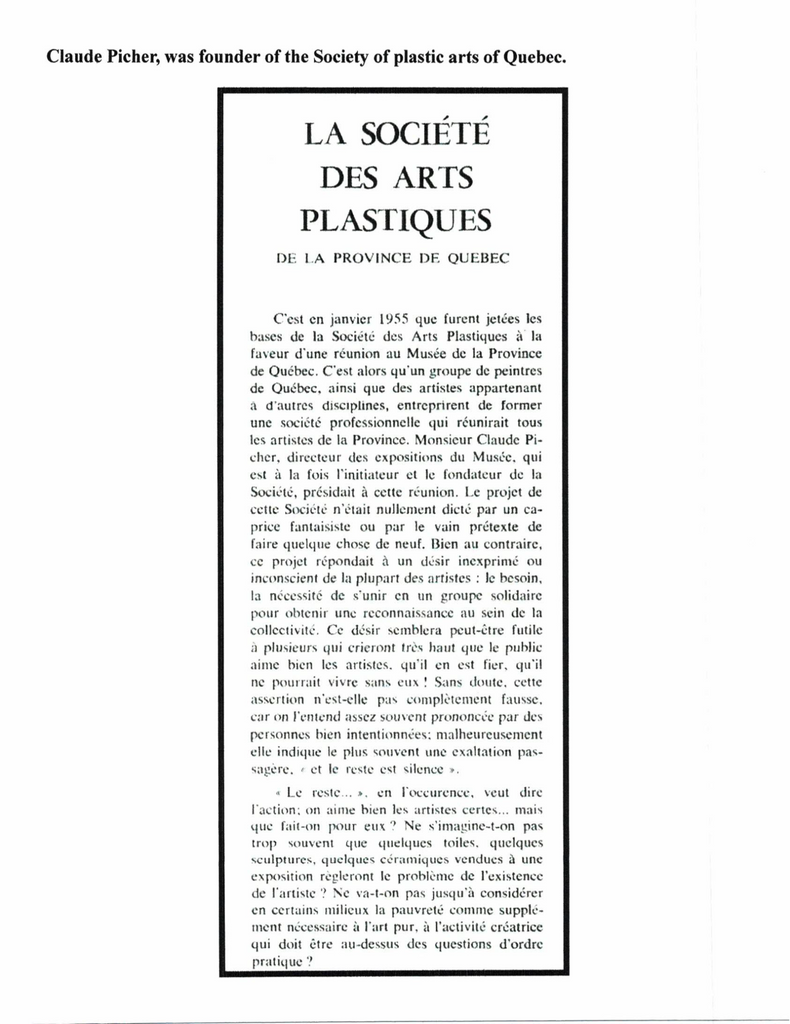 PICHER CLAUDE, 1927-1998 (RCA / ÉBAQ / ÉDL / ÉNSBAP / MBAQ / SAPQ / MBAC / MDQ) - Galerie2000