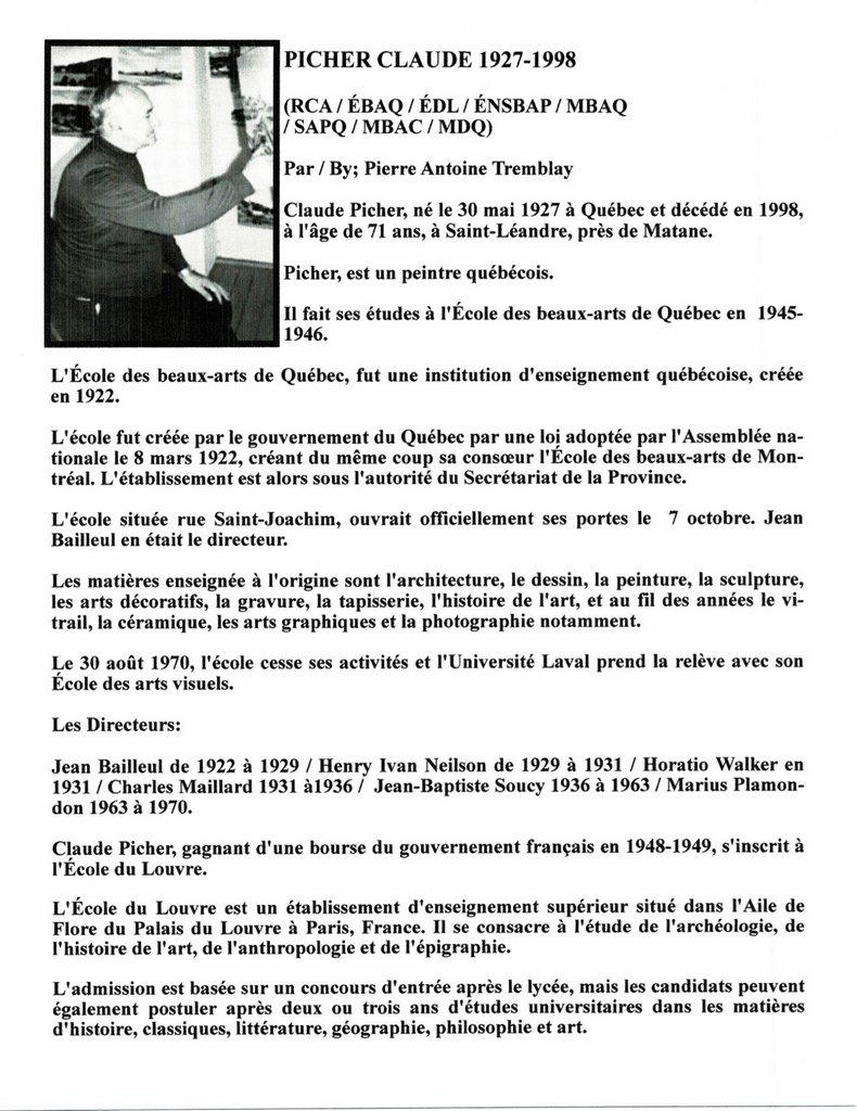 PICHER CLAUDE, 1927-1998 (RCA / ÉBAQ / ÉDL / ÉNSBAP / MBAQ / SAPQ / MBAC / MDQ) - Galerie2000